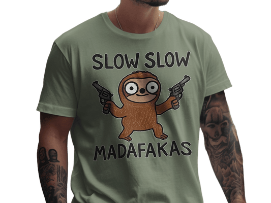 Funny Sloth T Shirt, Slow Slow Madafakas Tee, Animal Graphic Tee, Humor T Shirt, Sloth with Guns T Shirt, Novelty Gift, Unisex T-Shirt - IconVexa