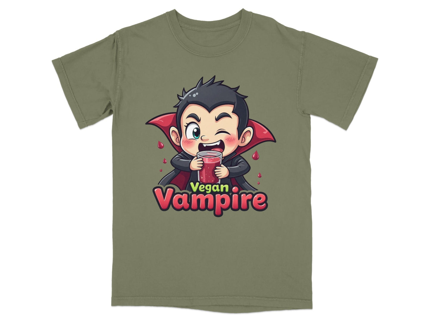 Funny Vegan Vampire Drinking Juice Cartoon Graphic T-Shirt - IconVexa