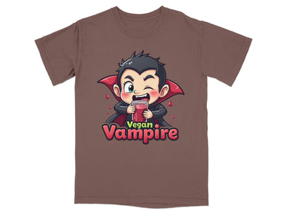 Funny Vegan Vampire Drinking Juice Cartoon Graphic T-Shirt - IconVexa