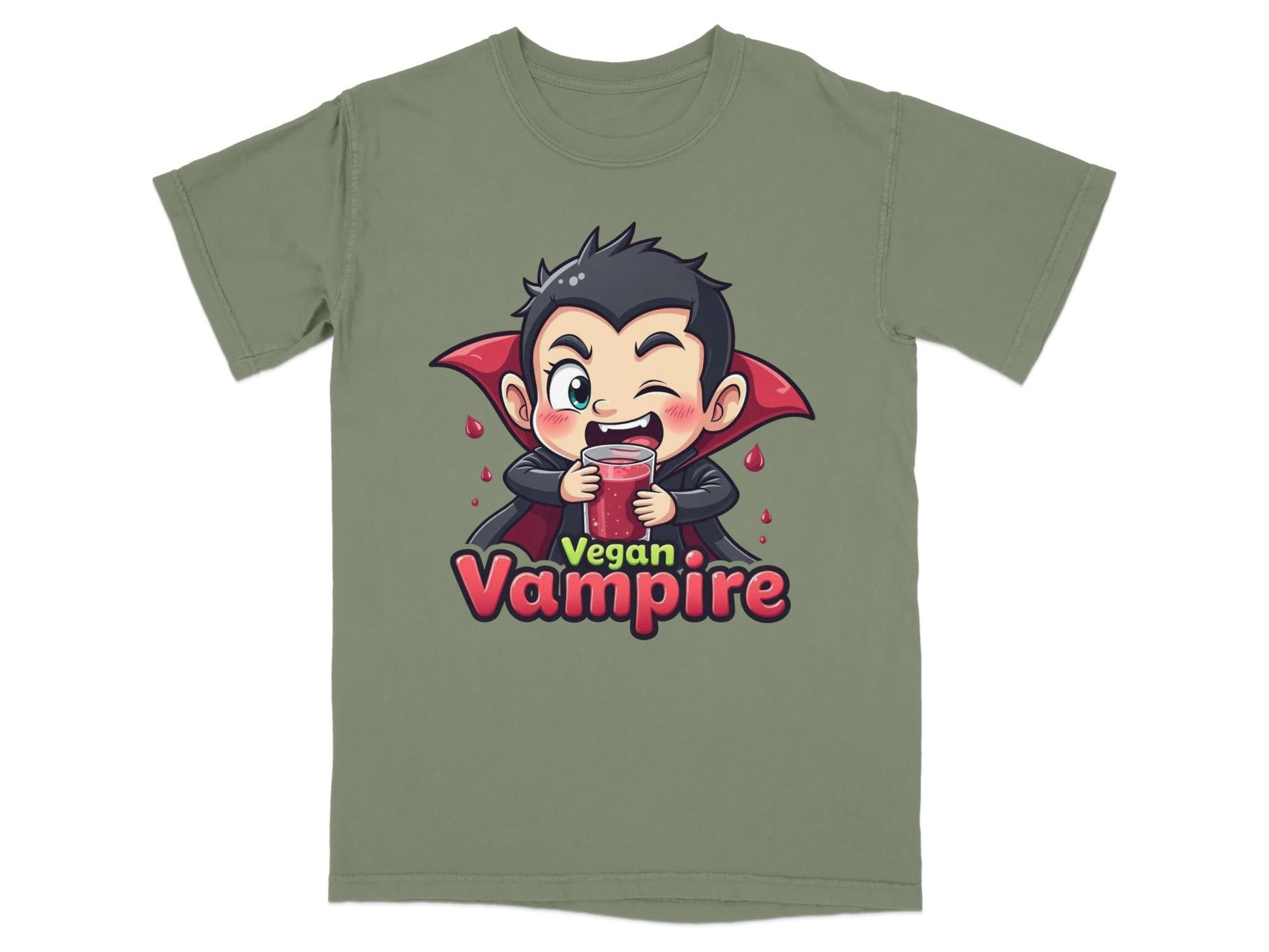 Funny Vegan Vampire Drinking Juice Cartoon Graphic T-Shirt - IconVexa