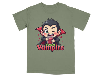 Funny Vegan Vampire Drinking Juice Cartoon Graphic T-Shirt - IconVexa