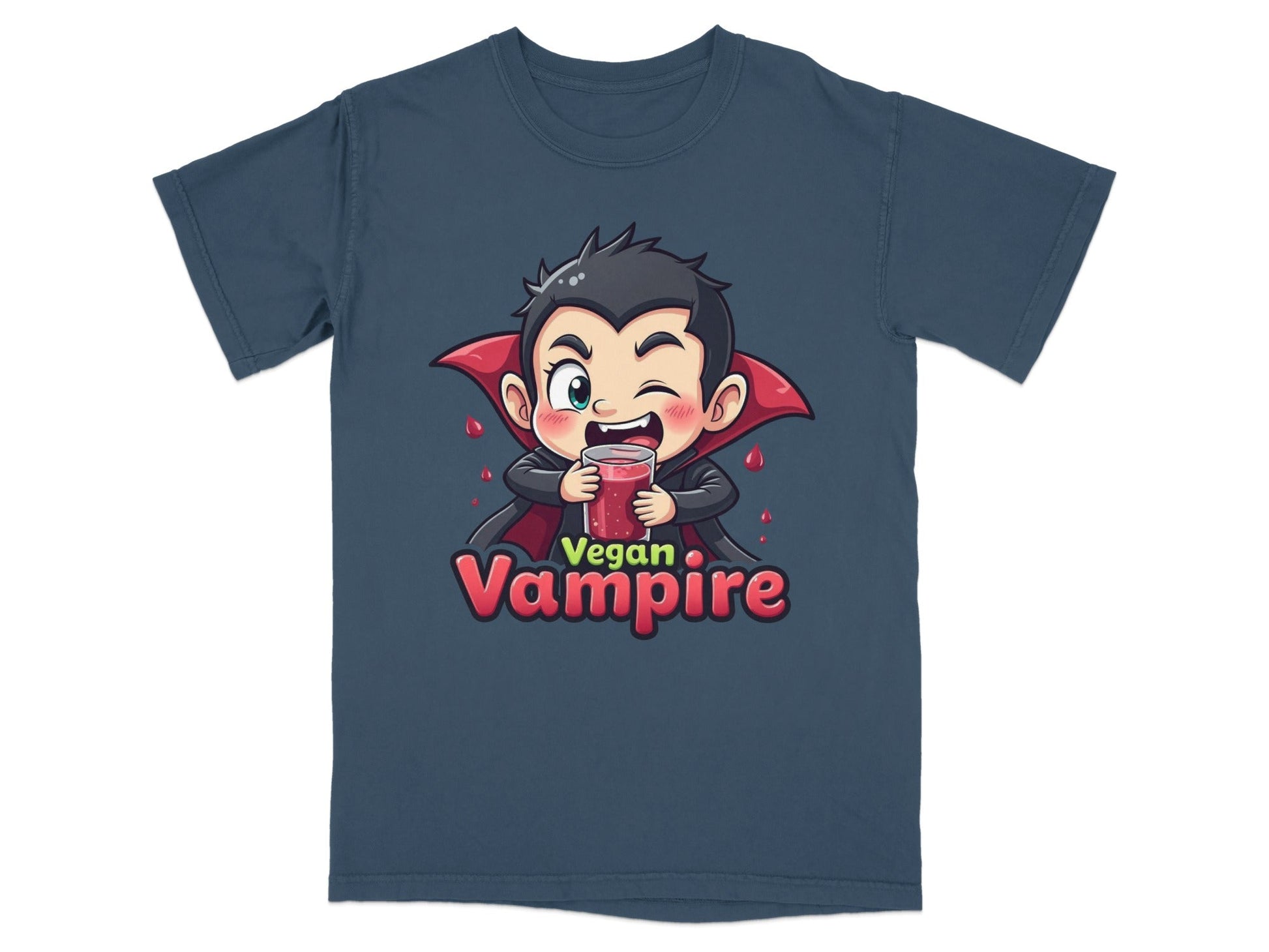 Funny Vegan Vampire Drinking Juice Cartoon Graphic T-Shirt - IconVexa