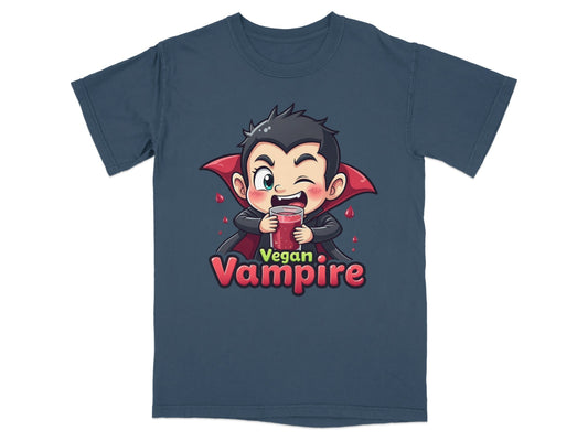 Funny Vegan Vampire Drinking Juice Cartoon Graphic T-Shirt - IconVexa