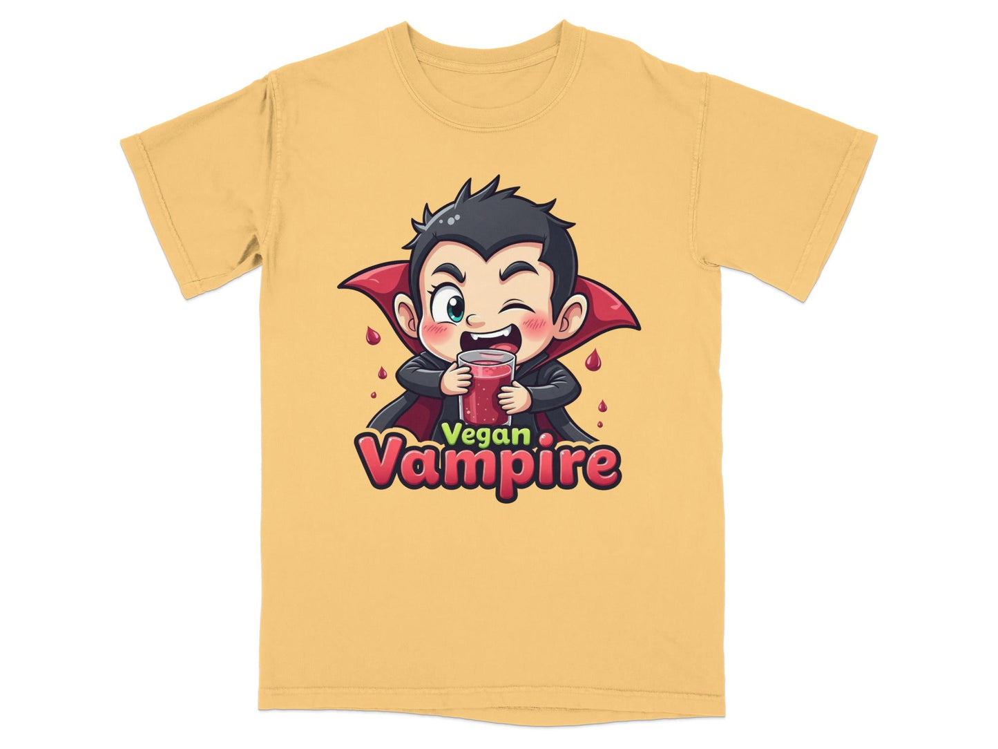 Funny Vegan Vampire Drinking Juice Cartoon Graphic T-Shirt - IconVexa