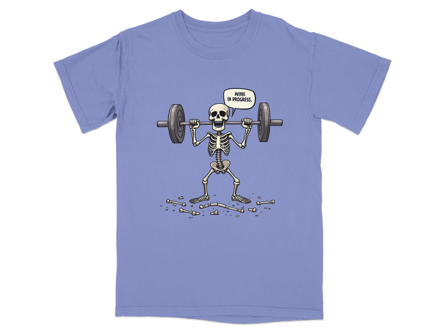 Funny Wink In Progress Skeleton Lifting Weights T-Shirt - IconVexa