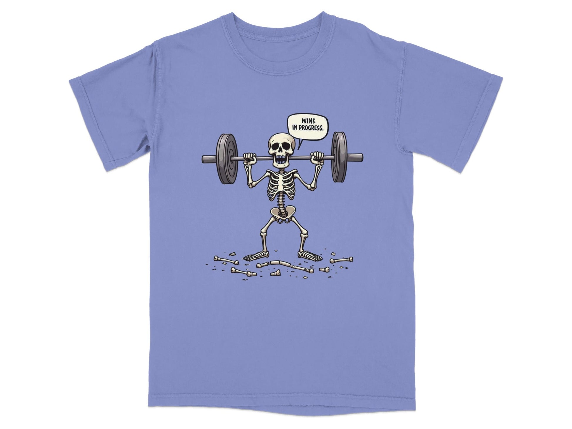 Funny Wink In Progress Skeleton Lifting Weights T-Shirt - IconVexa