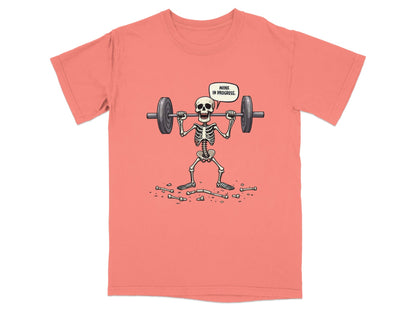 Funny Wink In Progress Skeleton Lifting Weights T-Shirt - IconVexa