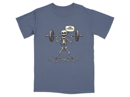 Funny Wink In Progress Skeleton Lifting Weights T-Shirt - IconVexa
