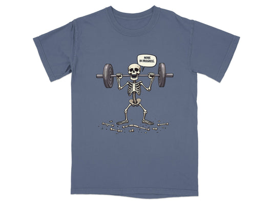 Funny Wink In Progress Skeleton Lifting Weights T-Shirt - IconVexa