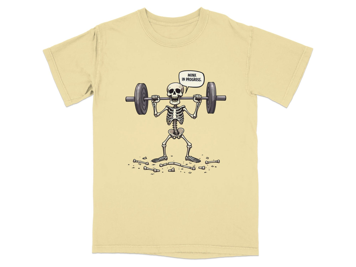Funny Wink In Progress Skeleton Lifting Weights T-Shirt - IconVexa