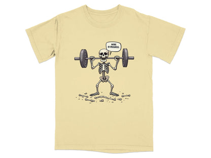 Funny Wink In Progress Skeleton Lifting Weights T-Shirt - IconVexa