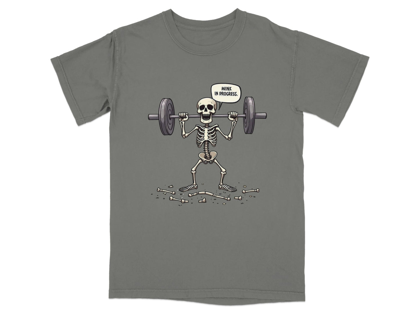 Funny Wink In Progress Skeleton Lifting Weights T-Shirt - IconVexa