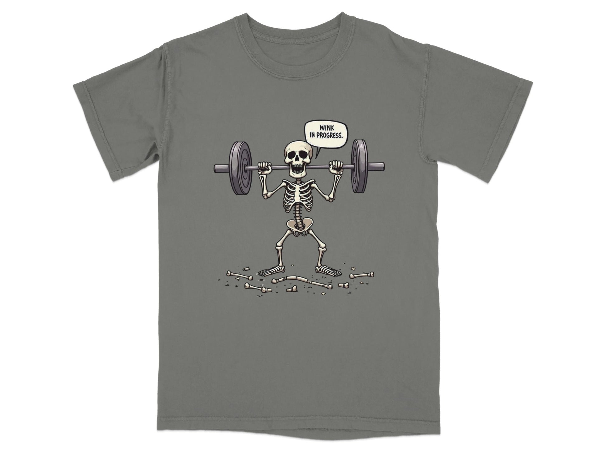 Funny Wink In Progress Skeleton Lifting Weights T-Shirt - IconVexa