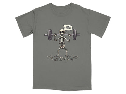 Funny Wink In Progress Skeleton Lifting Weights T-Shirt - IconVexa