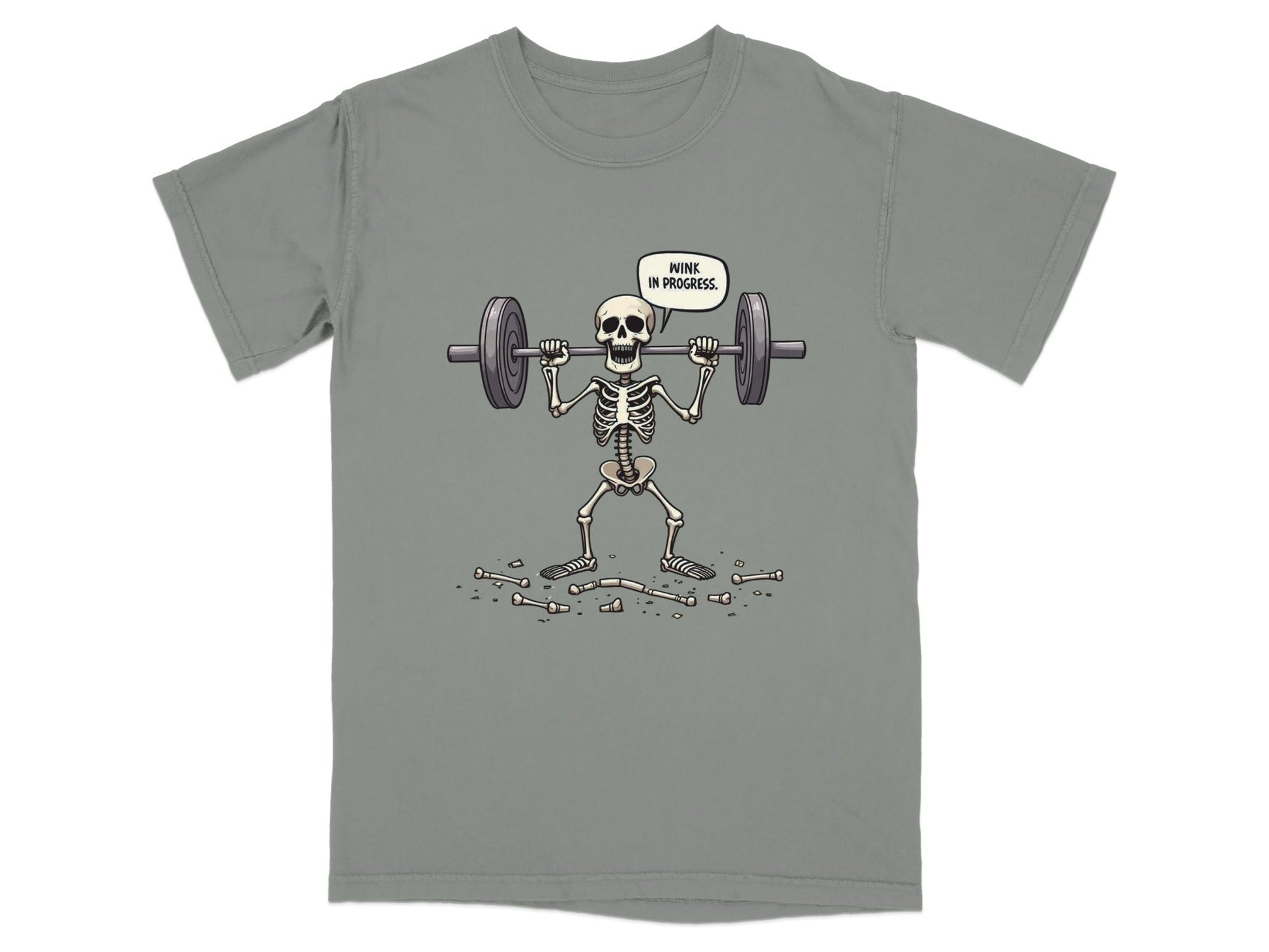 Funny Wink In Progress Skeleton Lifting Weights T-Shirt - IconVexa