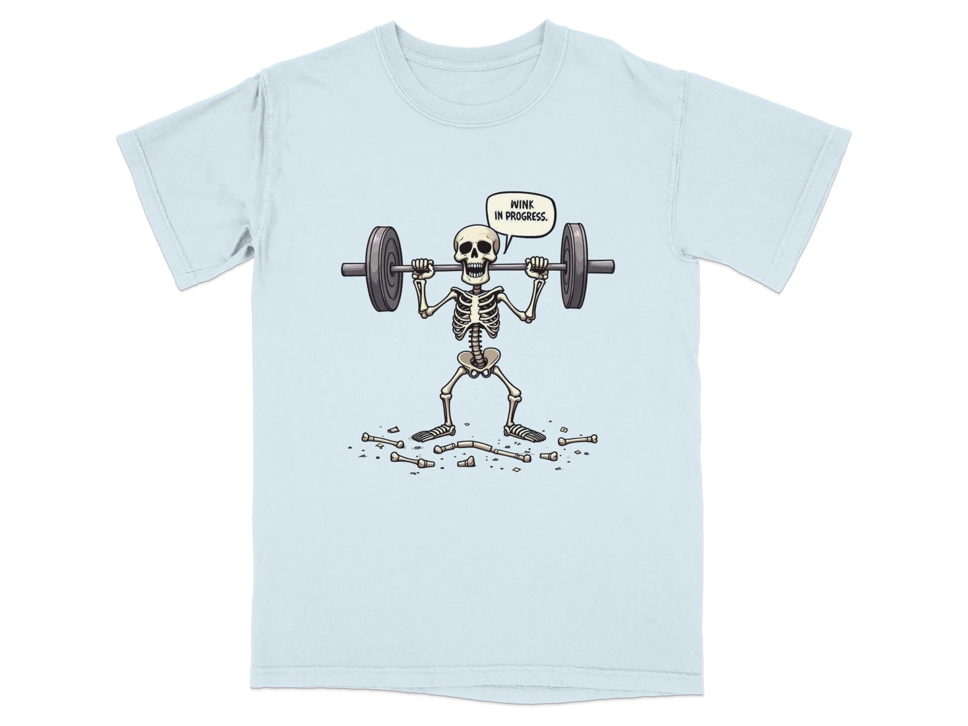 Funny Wink In Progress Skeleton Lifting Weights T-Shirt - IconVexa