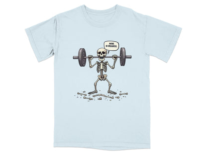 Funny Wink In Progress Skeleton Lifting Weights T-Shirt - IconVexa