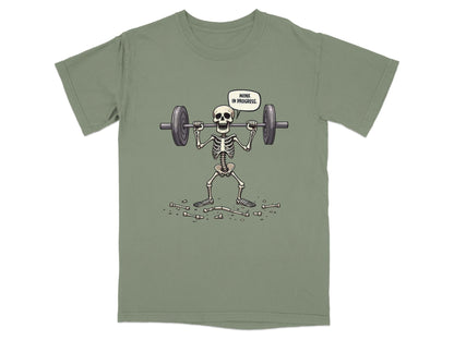 Funny Wink In Progress Skeleton Lifting Weights T-Shirt - IconVexa