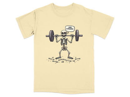 Funny Wink In Progress Skeleton Lifting Weights T-Shirt - IconVexa