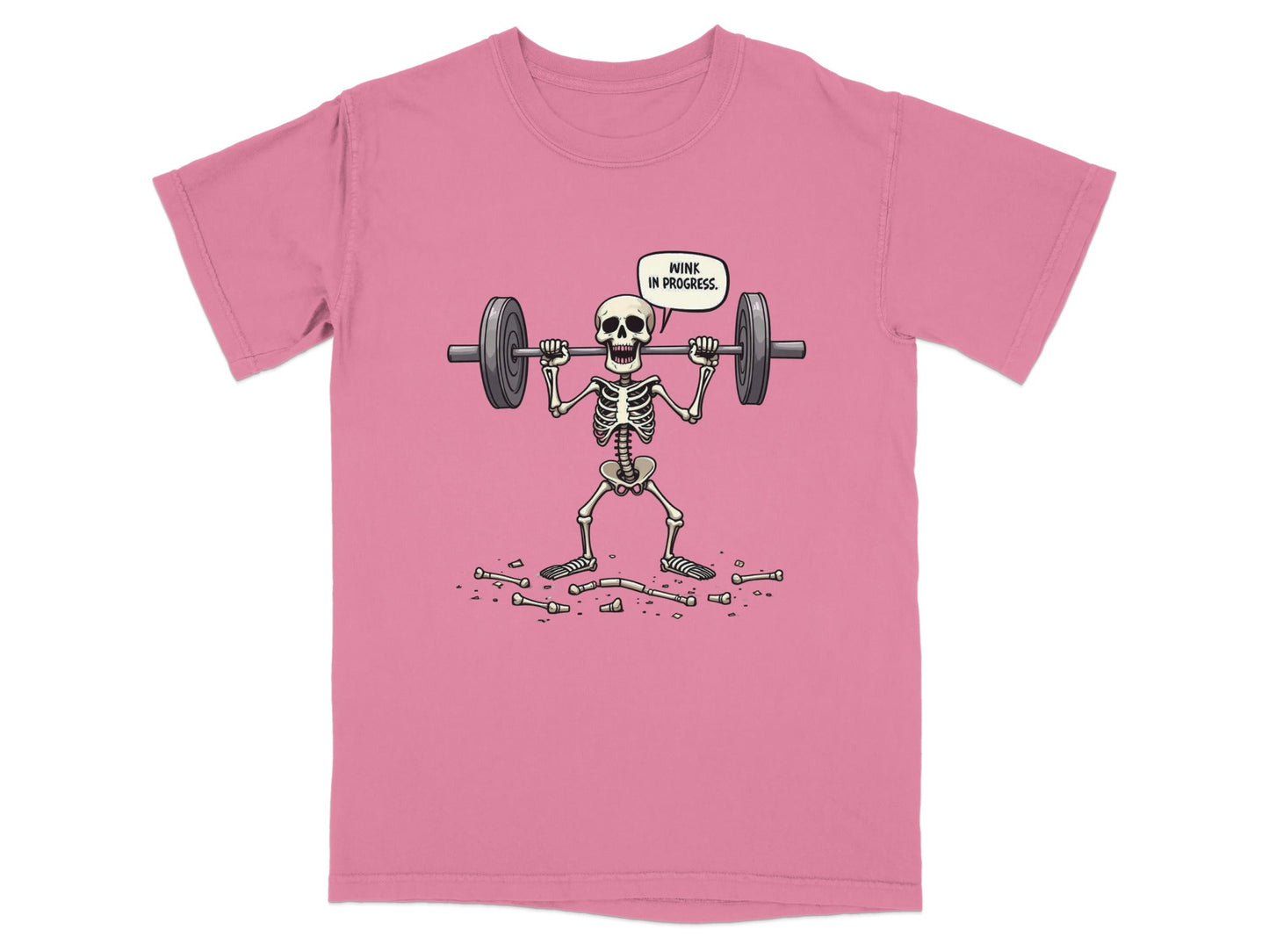 Funny Wink In Progress Skeleton Lifting Weights T-Shirt - IconVexa