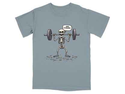 Funny Wink In Progress Skeleton Lifting Weights T-Shirt - IconVexa