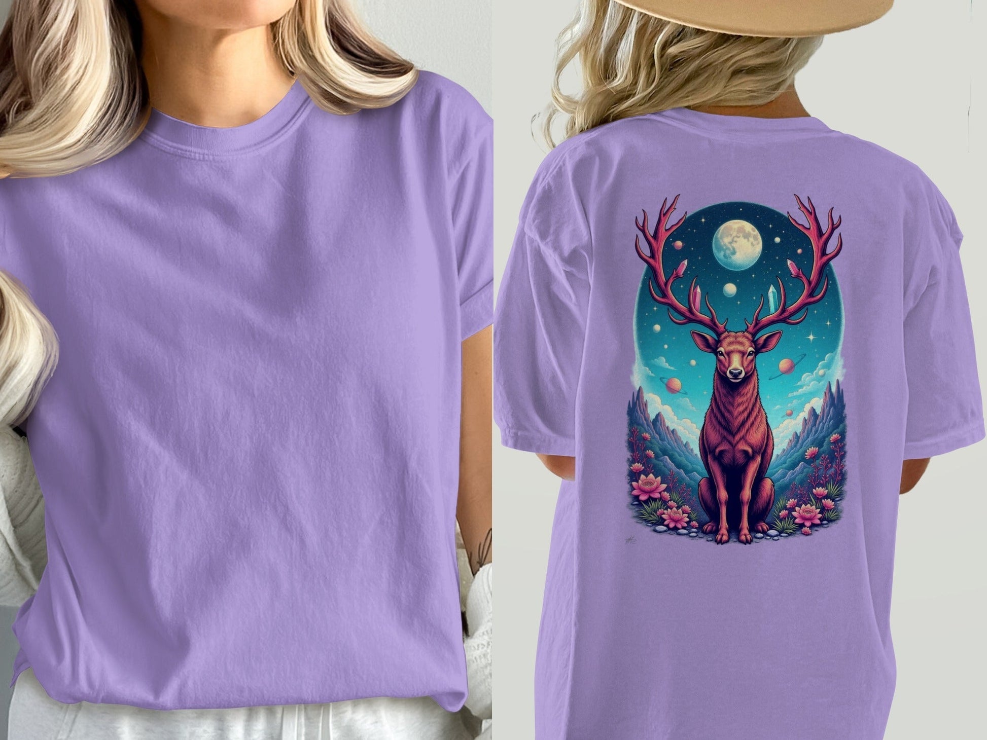 Galactic Deer Full Moon and Flowers Graphic Print T-Shirt - IconVexa
