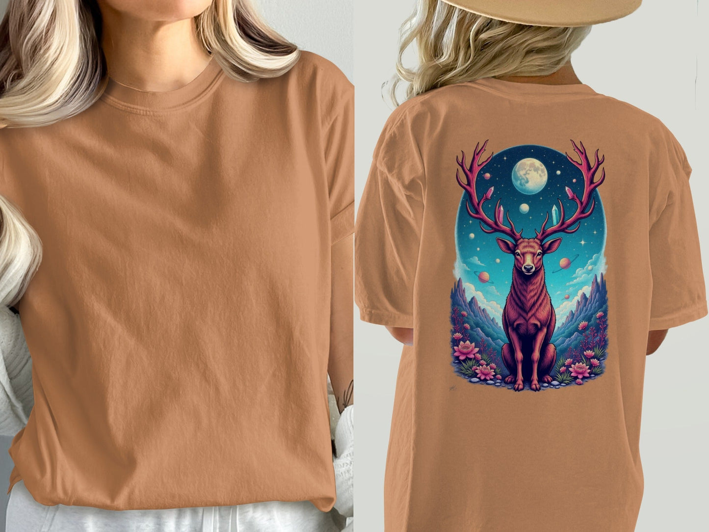 Galactic Deer Full Moon and Flowers Graphic Print T-Shirt - IconVexa