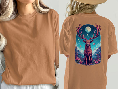 Galactic Deer Full Moon and Flowers Graphic Print T-Shirt - IconVexa