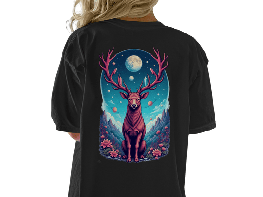 Galactic Deer Full Moon and Flowers Graphic Print T-Shirt - IconVexa