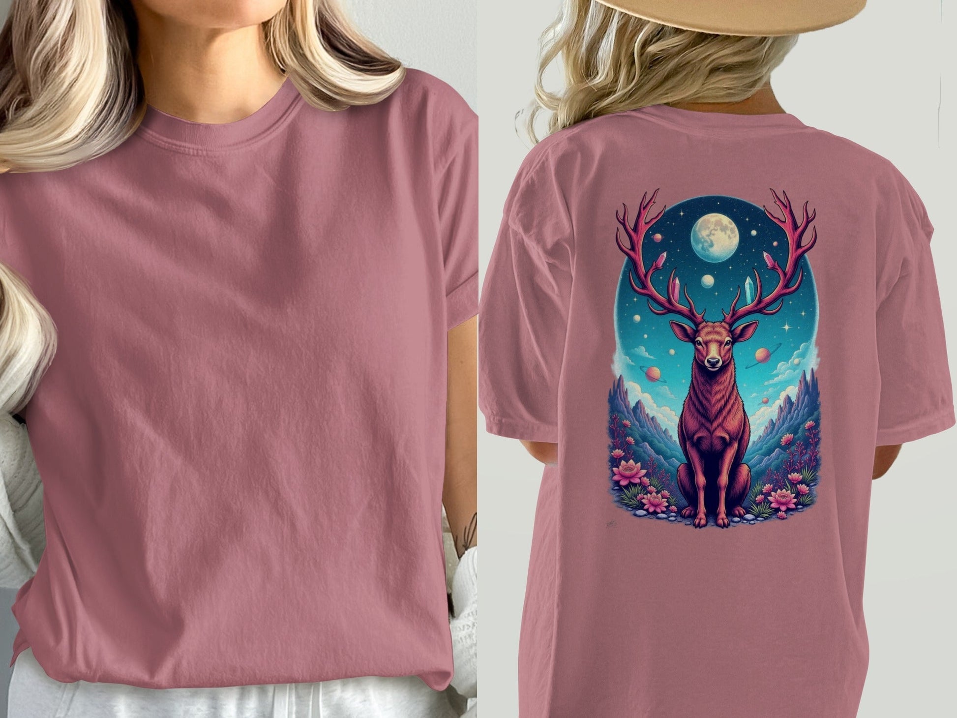 Galactic Deer Full Moon and Flowers Graphic Print T-Shirt - IconVexa
