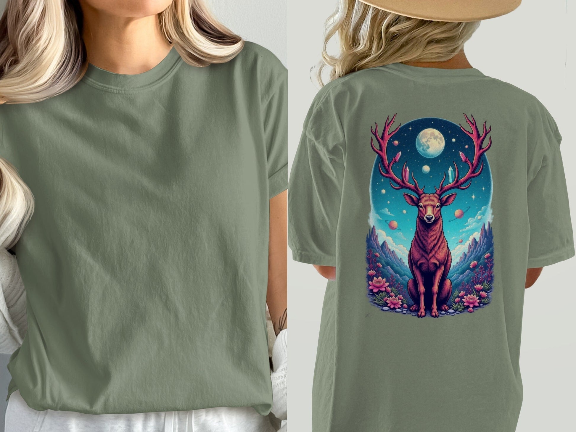 Galactic Deer Full Moon and Flowers Graphic Print T-Shirt - IconVexa