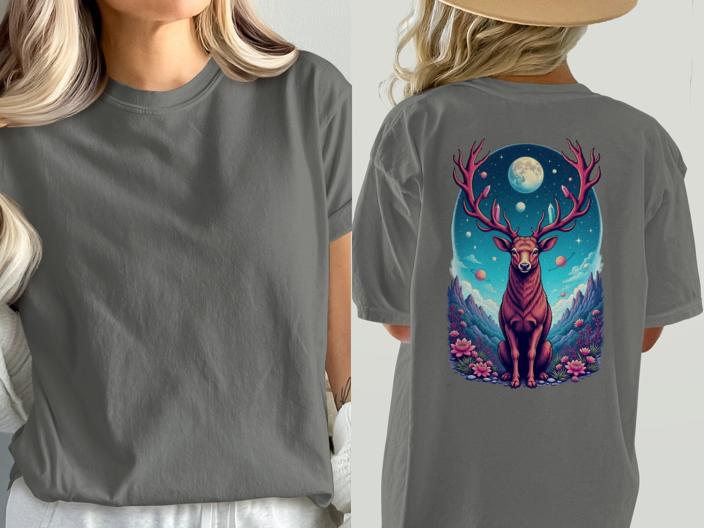 Galactic Deer Full Moon and Flowers Graphic Print T-Shirt - IconVexa
