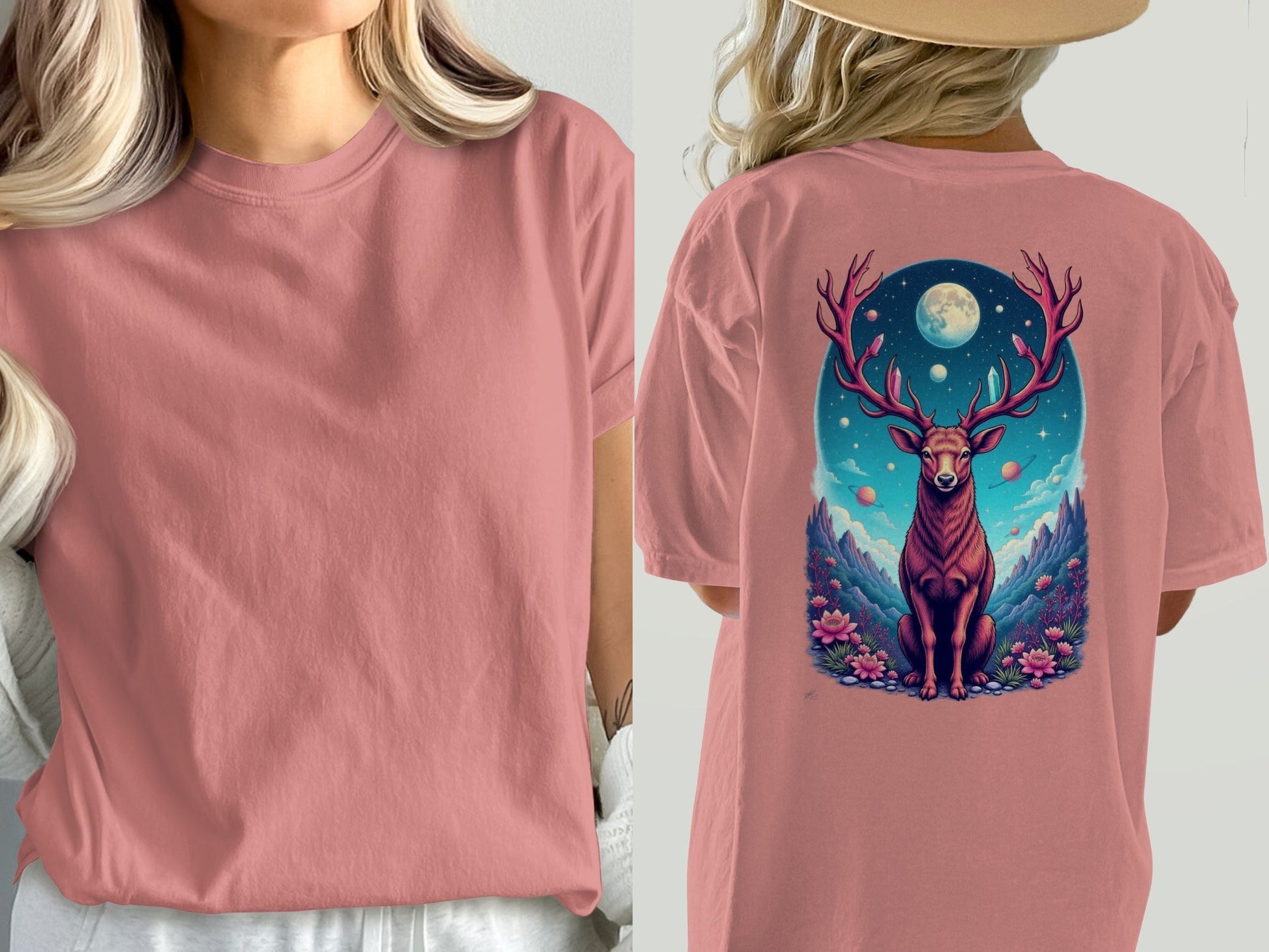 Galactic Deer Full Moon and Flowers Graphic Print T-Shirt - IconVexa