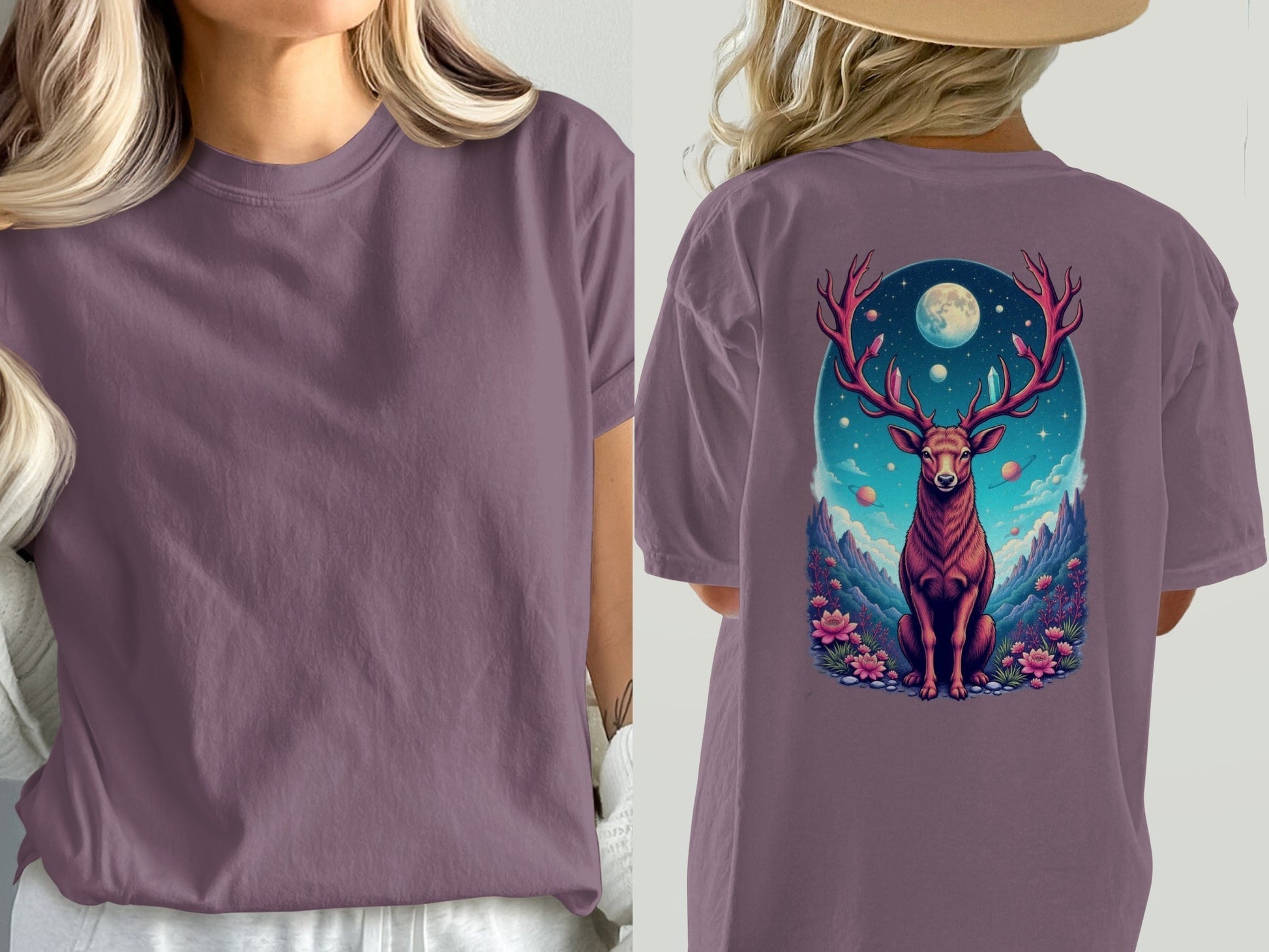 Galactic Deer Full Moon and Flowers Graphic Print T-Shirt - IconVexa