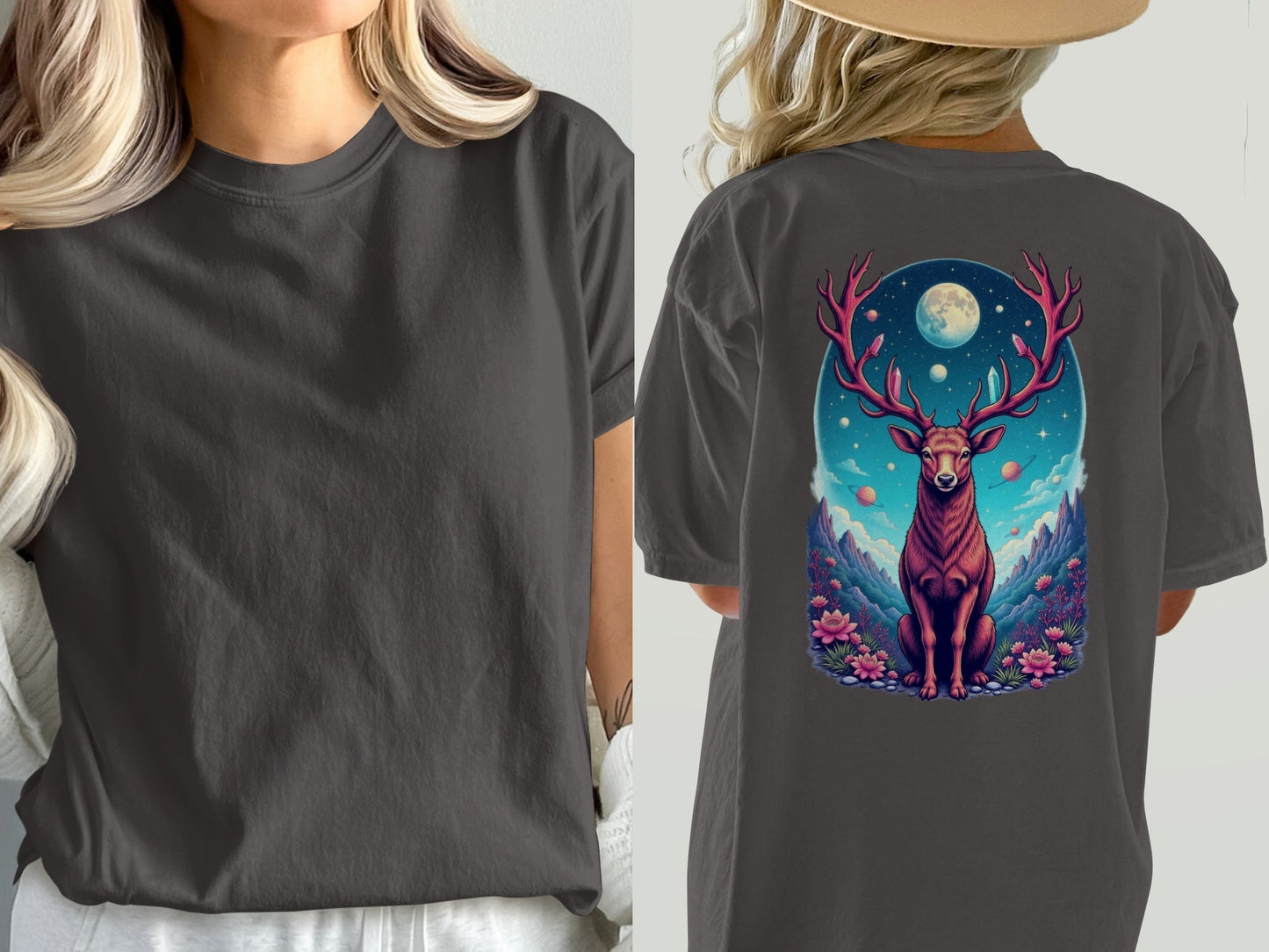 Galactic Deer Full Moon and Flowers Graphic Print T-Shirt - IconVexa