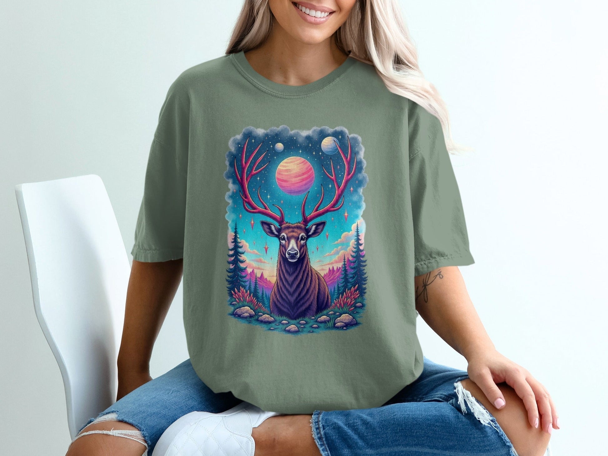 Galactic Deer Graphic Under The Planets Aesthetic T-Shirt - IconVexa