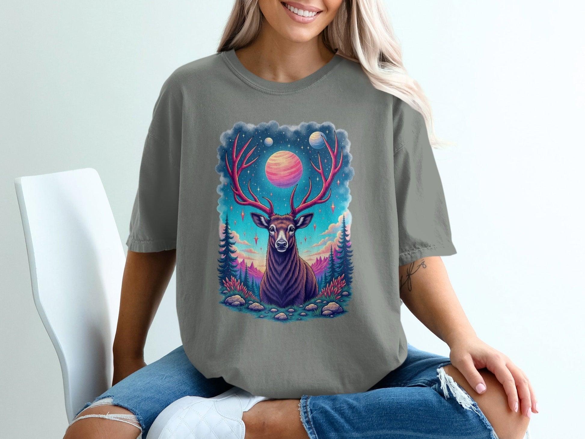 Galactic Deer Graphic Under The Planets Aesthetic T-Shirt - IconVexa