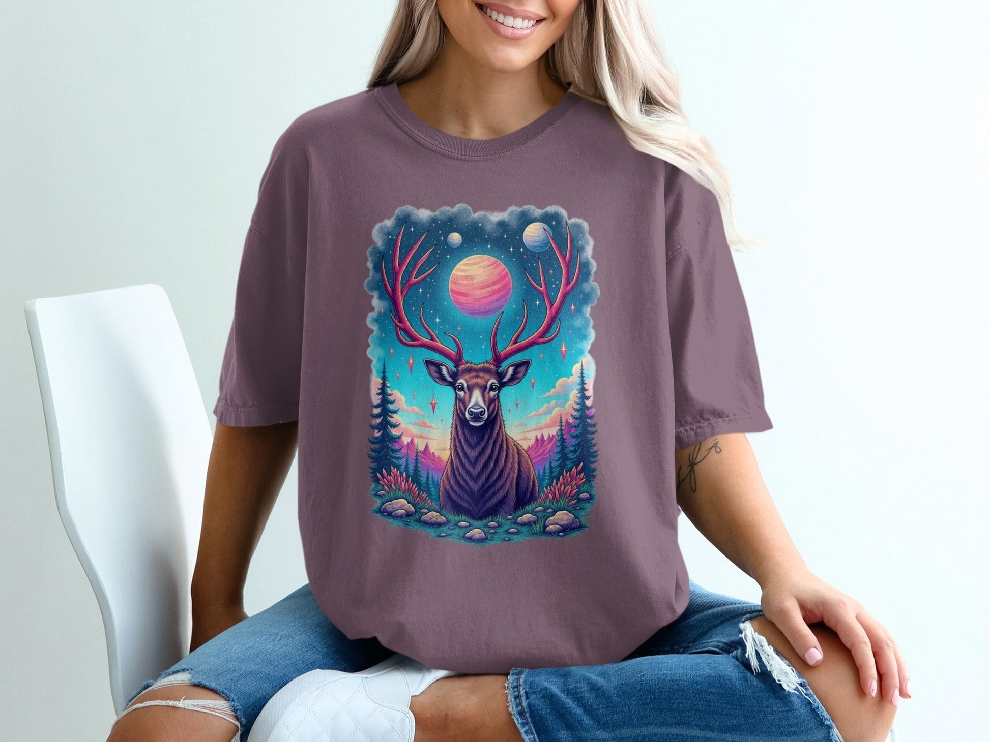 Galactic Deer Graphic Under The Planets Aesthetic T-Shirt - IconVexa