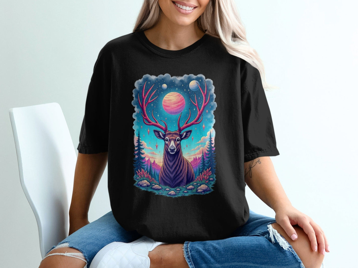 Galactic Deer Graphic Under The Planets Aesthetic T-Shirt - IconVexa