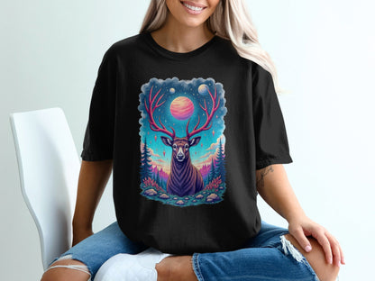 Galactic Deer Graphic Under The Planets Aesthetic T-Shirt - IconVexa