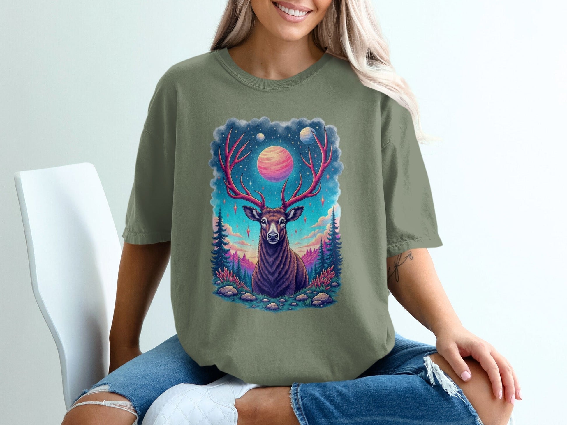 Galactic Deer Graphic Under The Planets Aesthetic T-Shirt - IconVexa