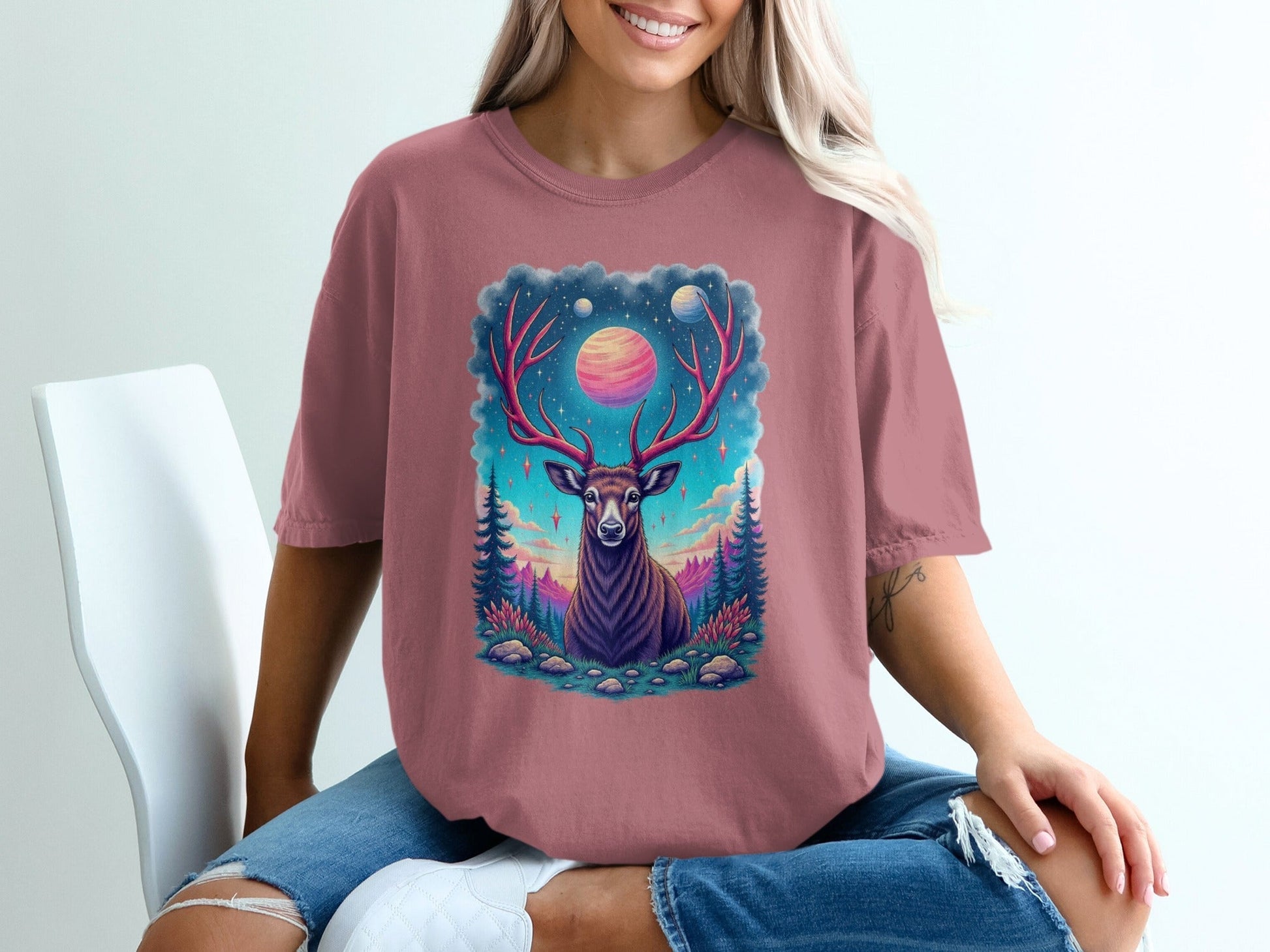 Galactic Deer Graphic Under The Planets Aesthetic T-Shirt - IconVexa