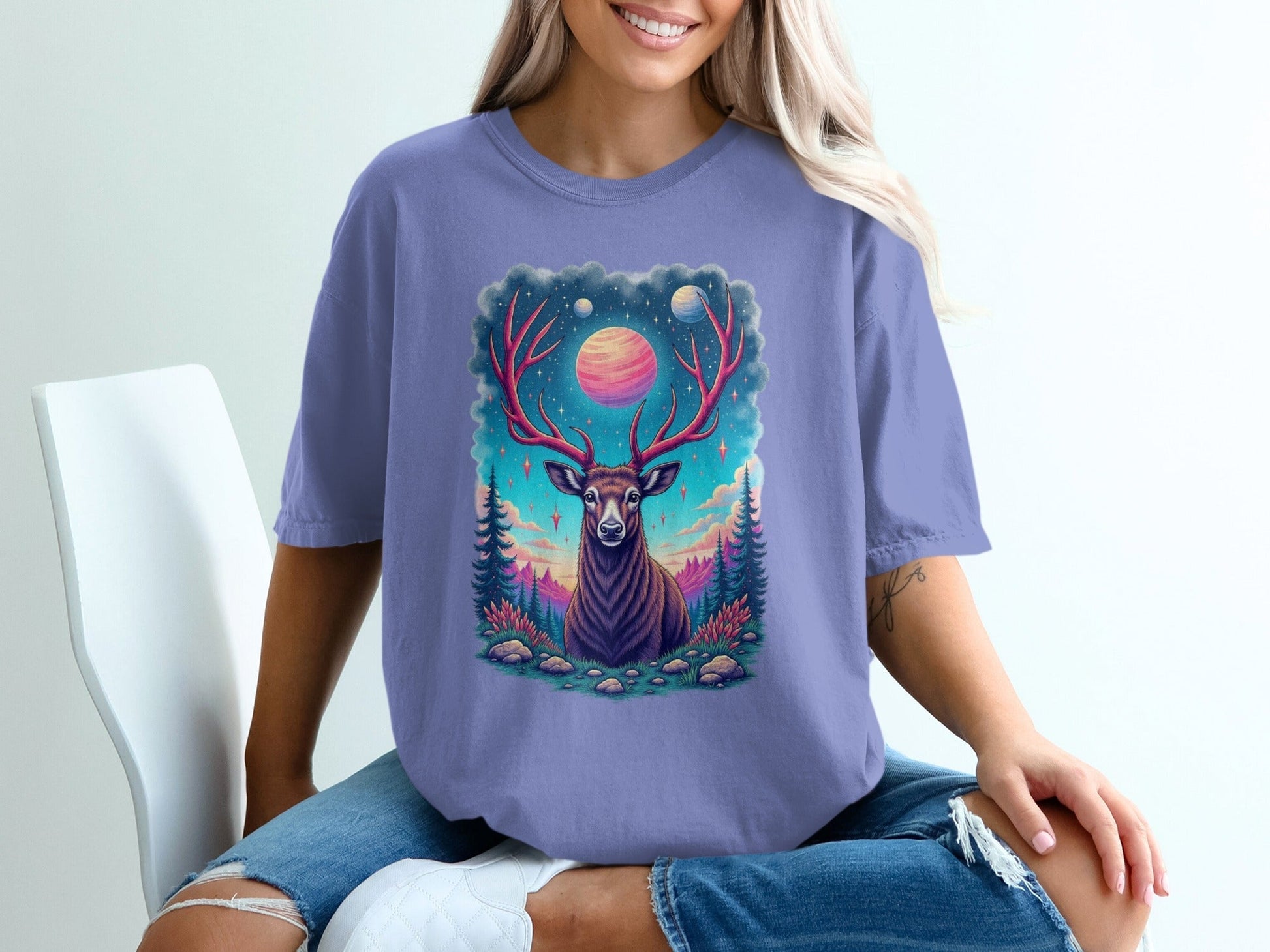 Galactic Deer Graphic Under The Planets Aesthetic T-Shirt - IconVexa