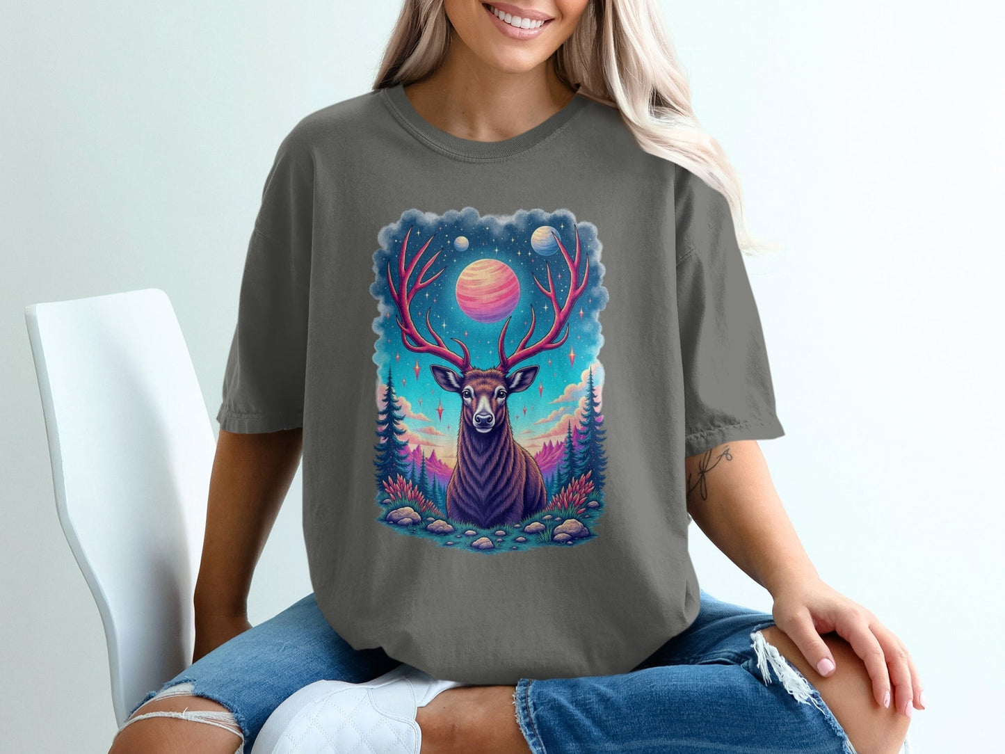 Galactic Deer Graphic Under The Planets Aesthetic T-Shirt - IconVexa