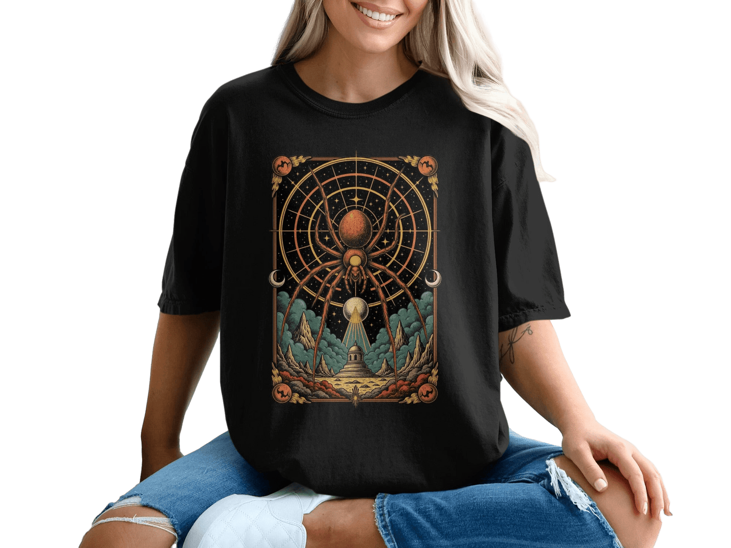 Geometric Spider Design on a Black Themed Graphic T-Shirt - IconVexa
