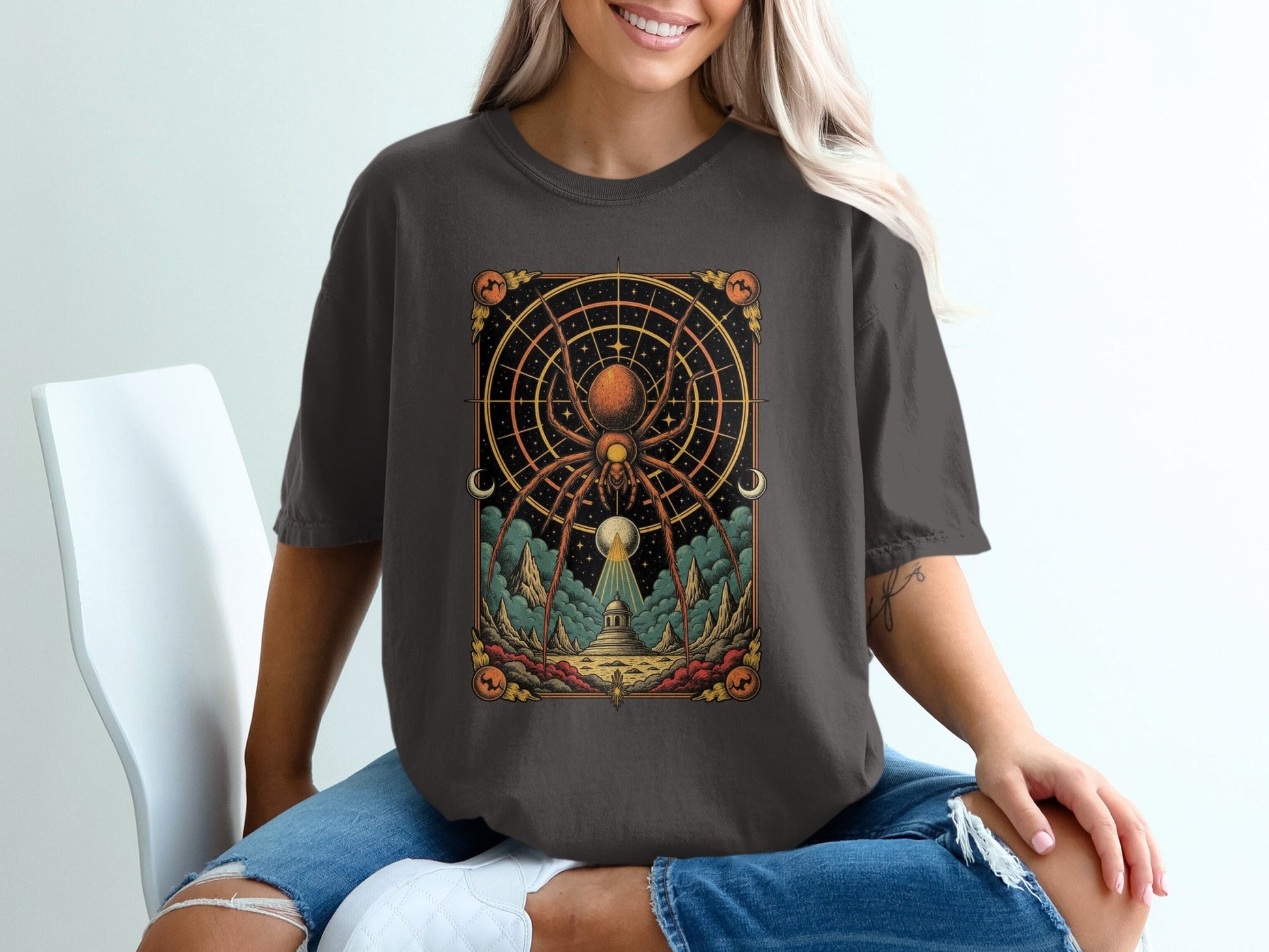 Geometric Spider Design on a Black Themed Graphic T-Shirt - IconVexa