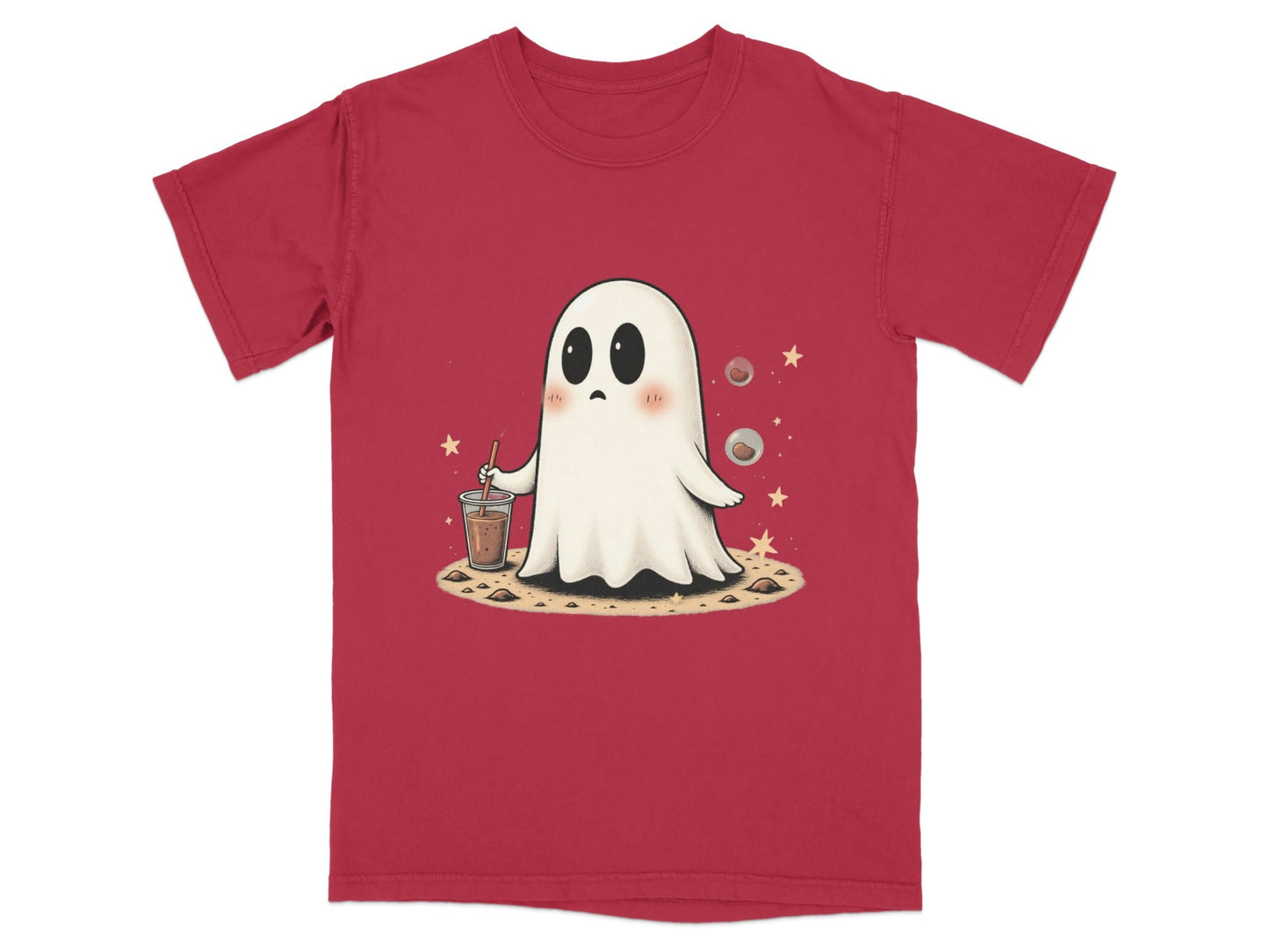 Ghost with Drink and Stars Halloween Cute Art T-Shirt - IconVexa