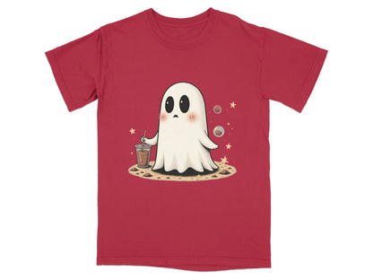 Ghost with Drink and Stars Halloween Cute Art T-Shirt - IconVexa