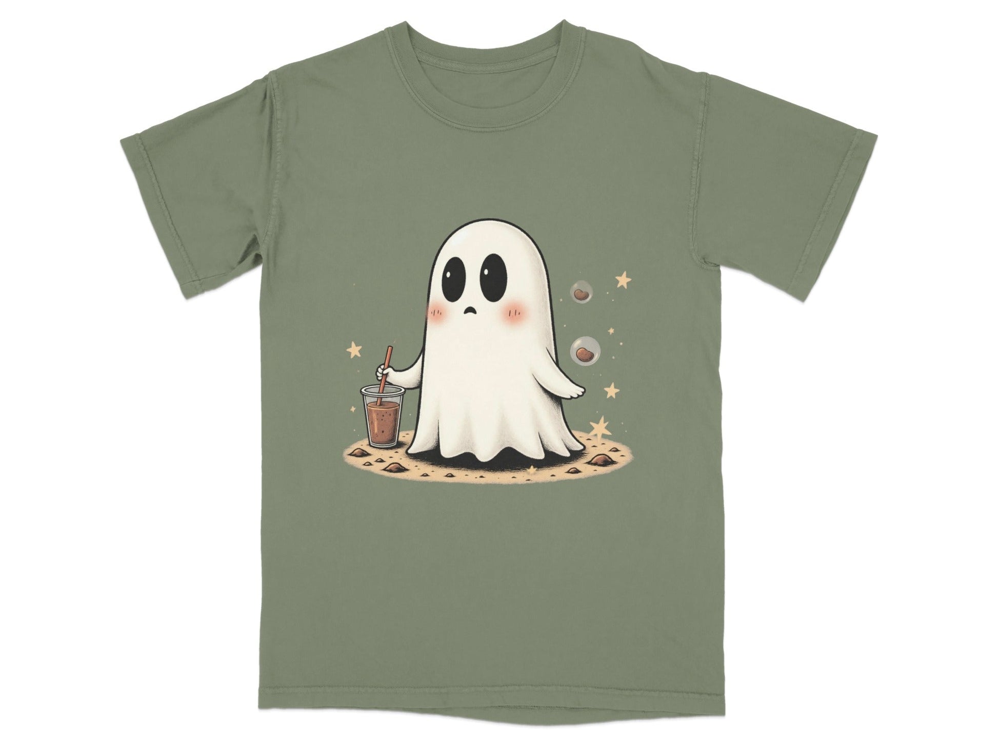 Ghost with Drink and Stars Halloween Cute Art T-Shirt - IconVexa