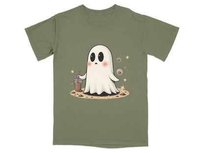 Ghost with Drink and Stars Halloween Cute Art T-Shirt - IconVexa